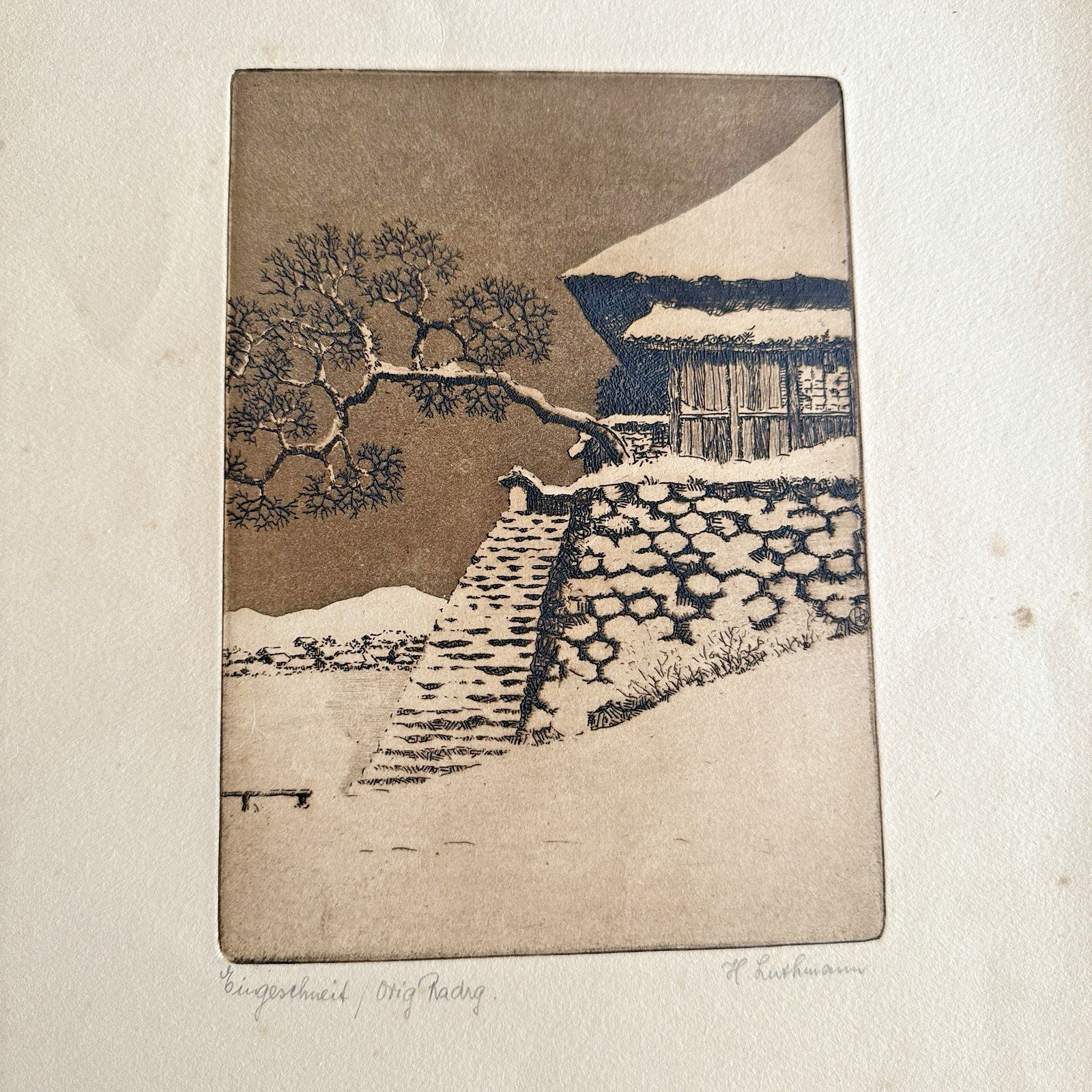 Vtg Hans Luthmann Signed Original Etching Eingeschneit Winter Snow Scene German