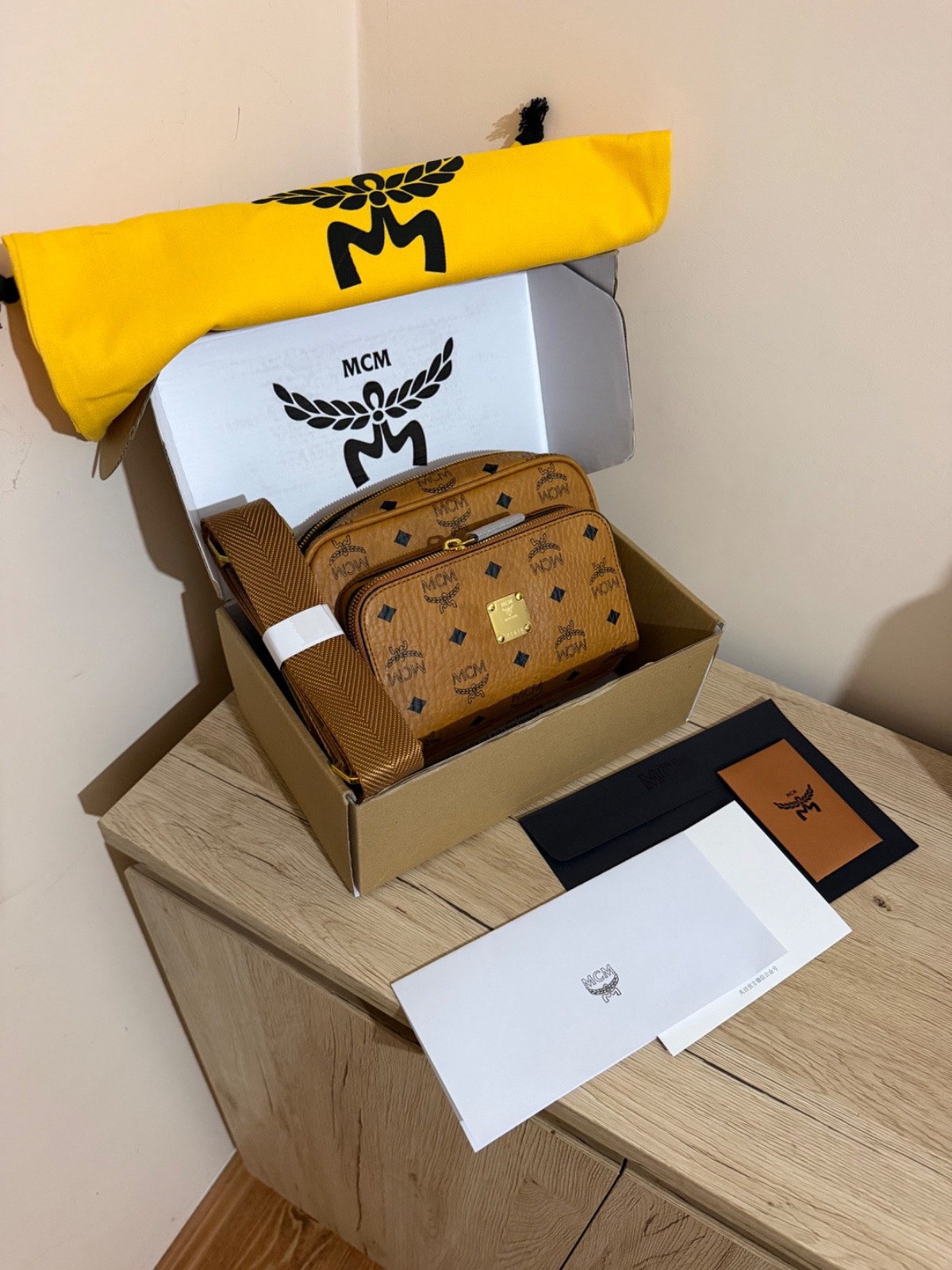 MCM Visetos Crossbody Bag Men’s Cognac Brown Monogram Gold Hardware