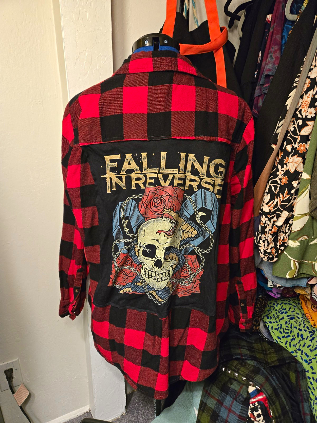 Upcycled women\'s 2X red and black flannel with Falling in Reverse back patch
