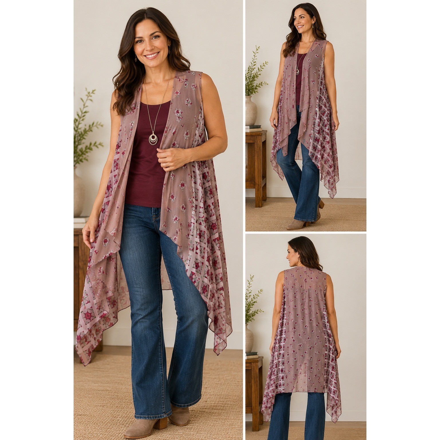 Soft Surroundings Sheer Geometric Kimono L/XL Mauve Open Front Boho Duster