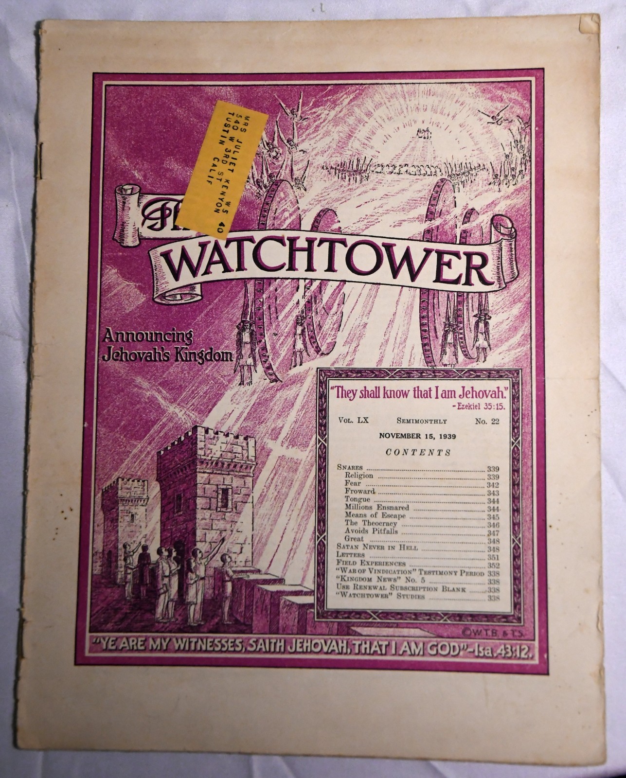 The Watchtower November 15 1939 Jehovah\'s Witnesses JW Original Stapled The Watchtower November 15 1939 Jehovah\'s Witnesses JW Original Stapled