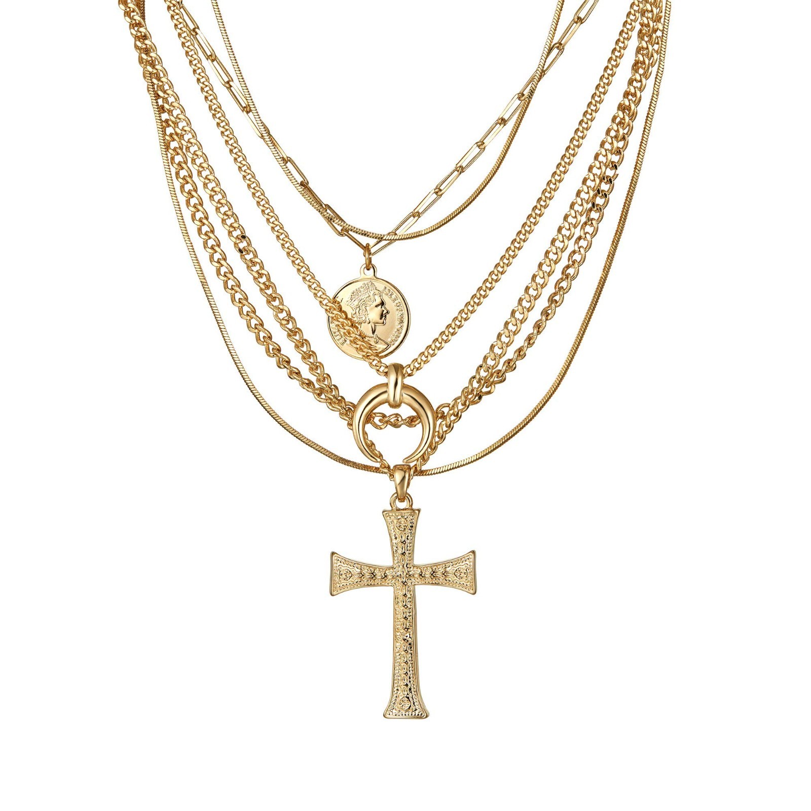6PCS Layered Gold Necklaces Set for Women - 18K Gold Plated Cross & Chunky Vinta