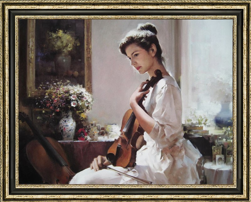 Hand Painted Oil Painting Young Lady With Violin Floral Interior Impressionist Hand Painted Oil Painting Young Lady With Violin Floral Interior Impressionist