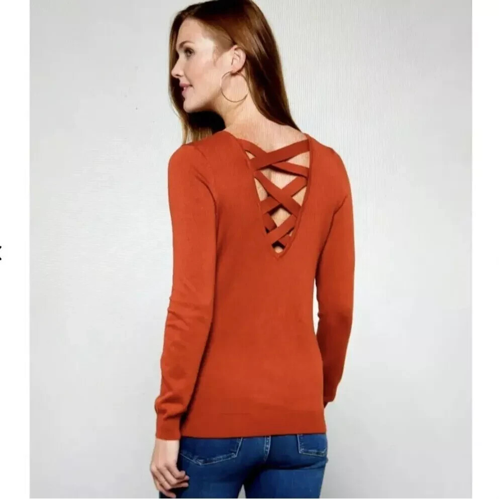 Love Ellie Stitch Fix Mia Cross Back Sweater Womens XS Orange Rust V-neck LS Love Ellie Stitch Fix Mia Cross Back Sweater Womens XS Orange Rust V-neck LS