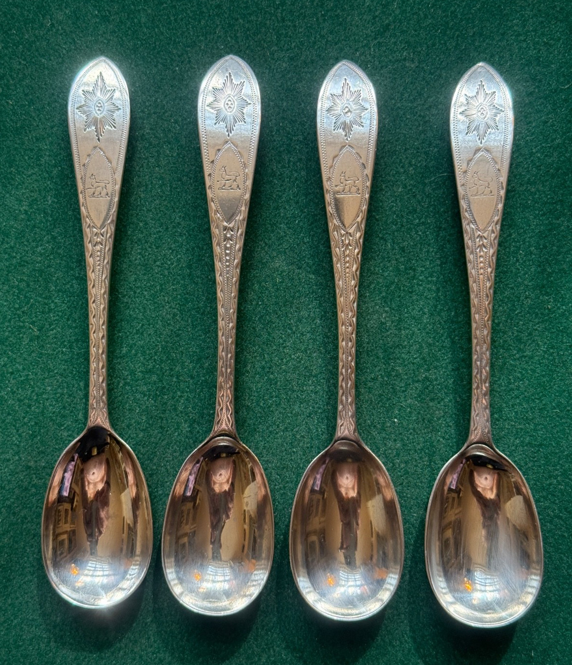 Antique Victorian Solid Silver Feather Edged Crested Egg Spoons Langley Archer