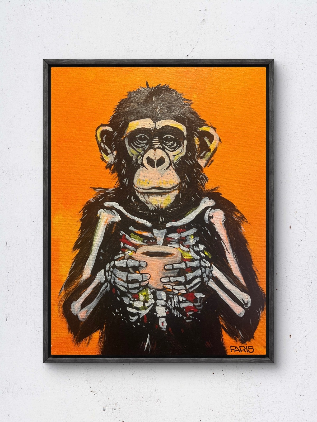 Faris Original Acrylic 12x16 Hero: Chimp Skeleton Coffee Painting Signed Canvas