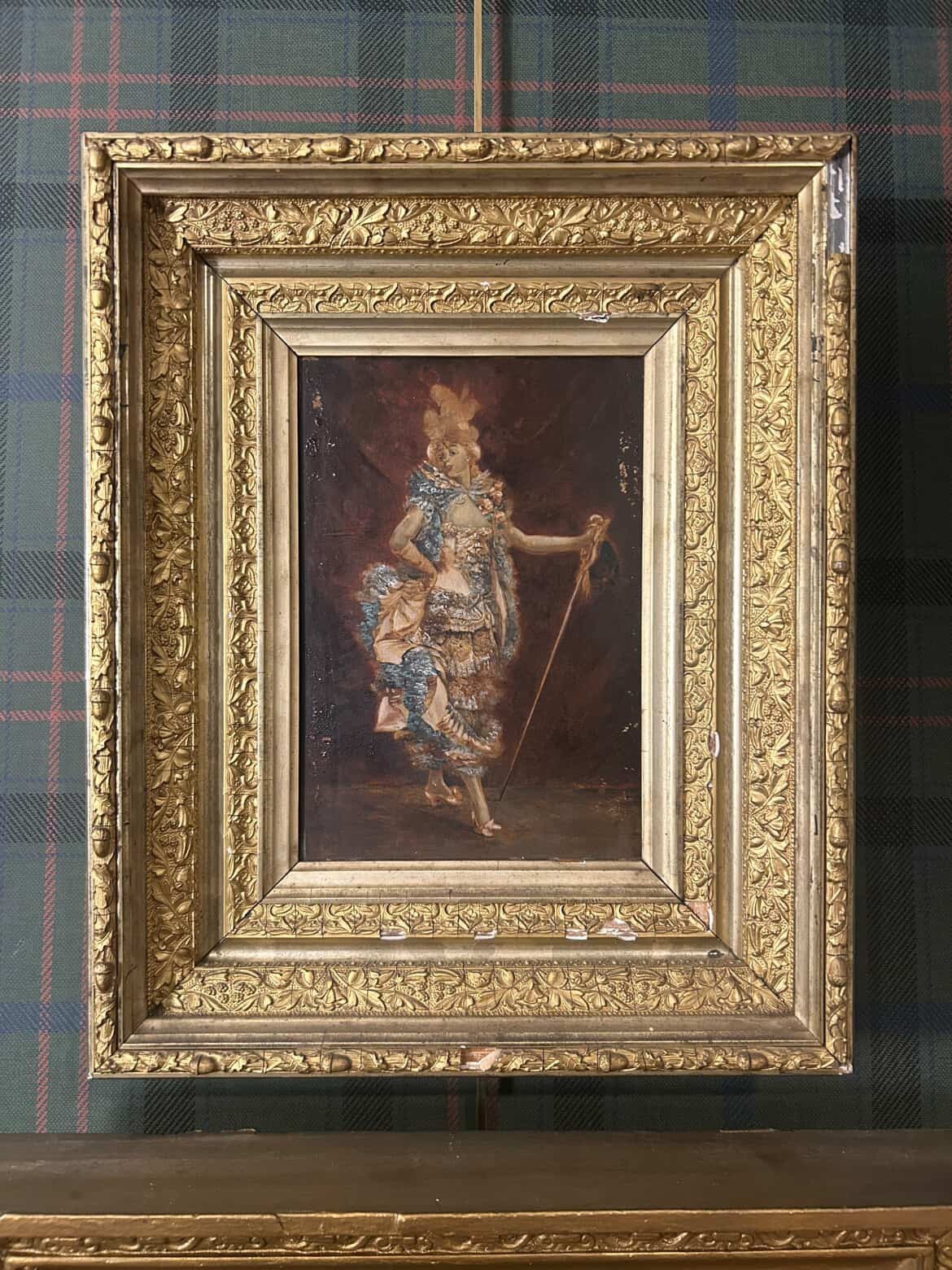 Antique 19th Century Rococo Revival Theatre Oil on Board Painting Framed