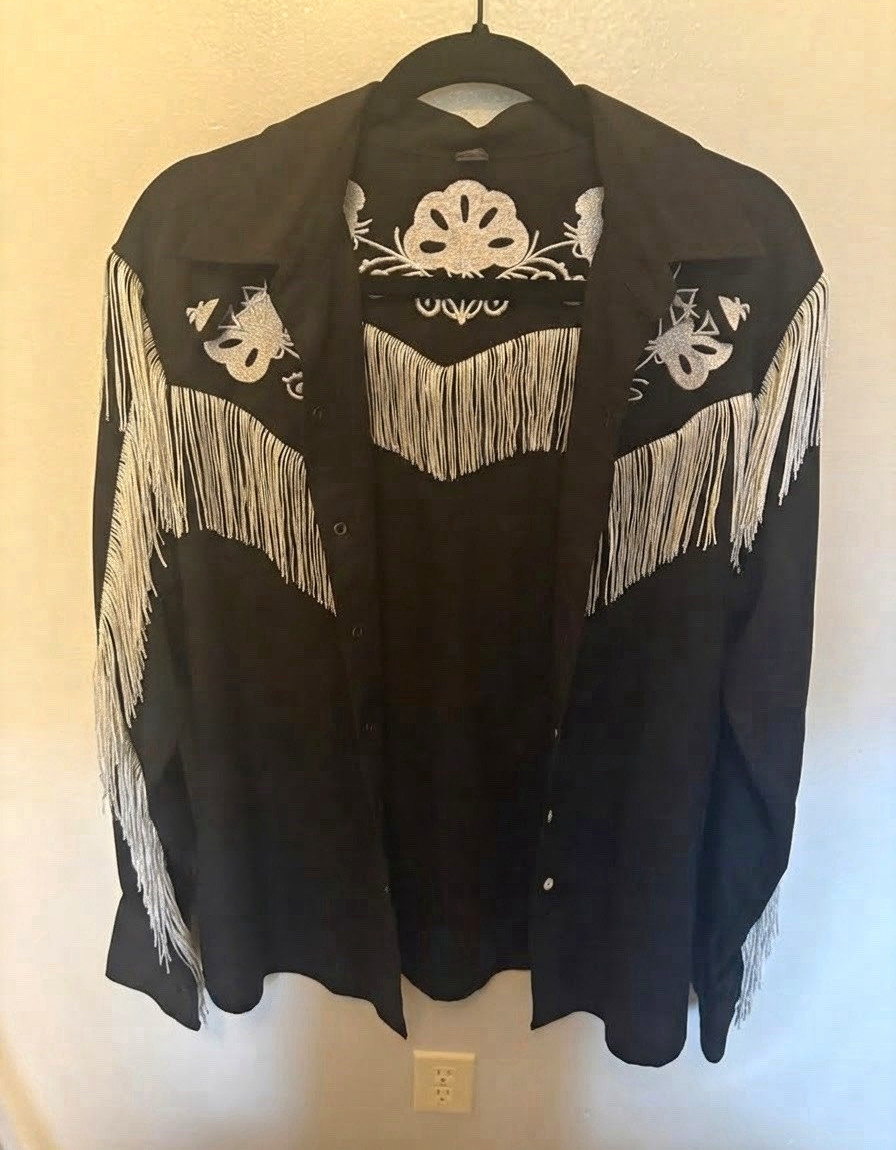 Men\'s Western Button-Up Shirt Black/White Woven Collared Embroidered Fringe