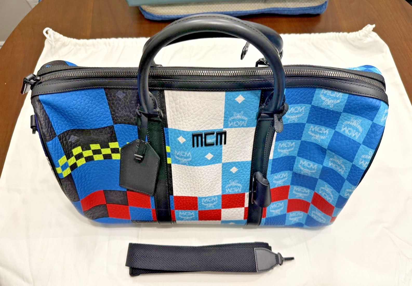 MCM Visetos Ottomar Checkerboard Weekender Duffle Bag Blue Multicolor RARE