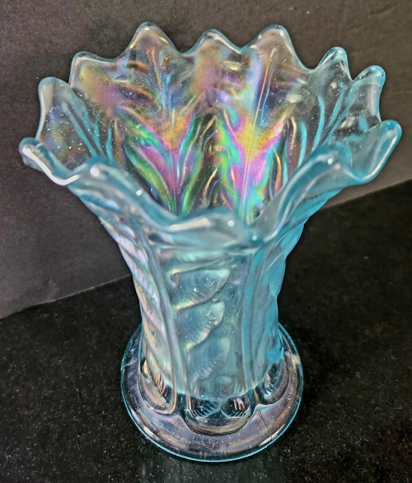 Vintage Northwood Ice Blue Leaf Columns Carnival Glass Squat Vase 6.5
