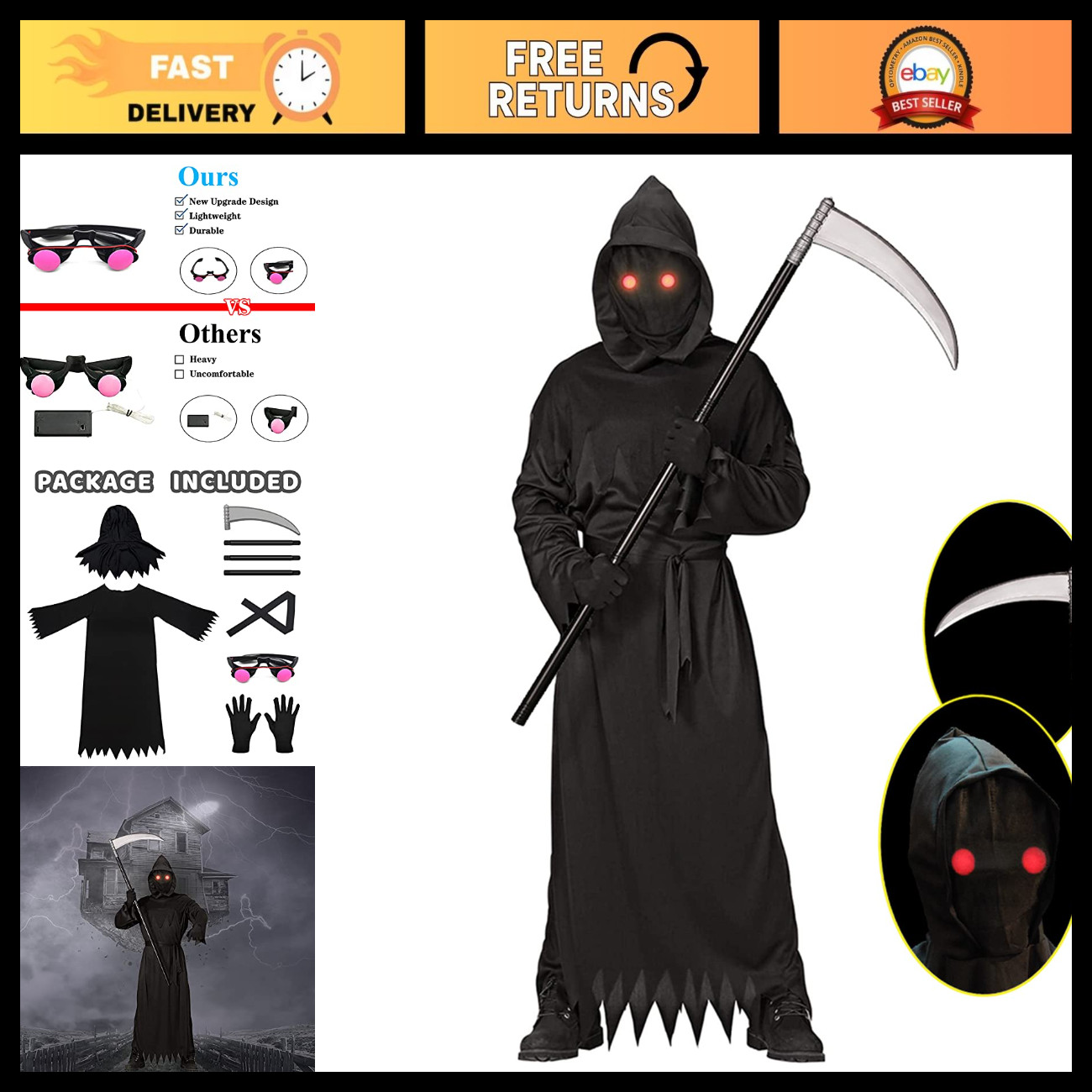 Kids Grim Reaper Halloween Costume with Glowing Red Eyes & Scythe - Spooky Fun