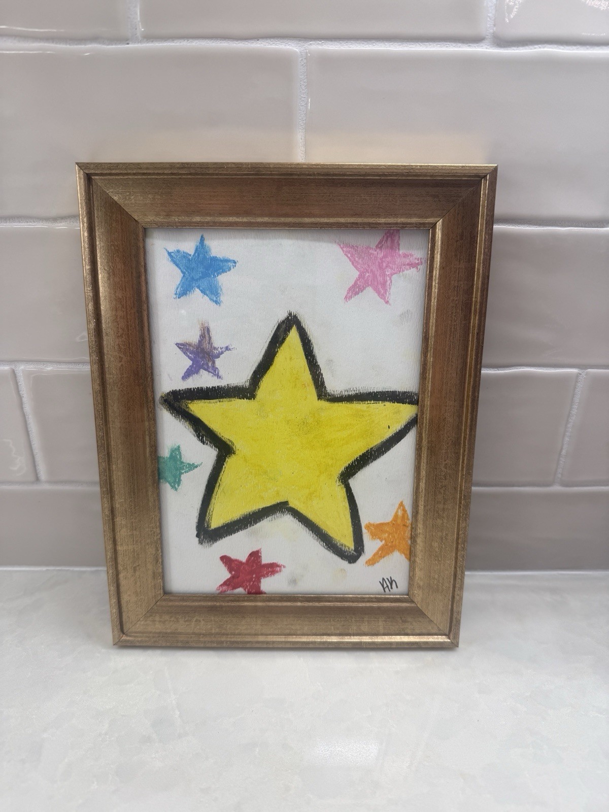 Starry Original Art by 12 Year Old Artist Colorful Stars Framed 4x6