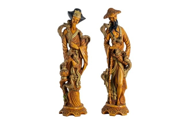 Antique pair of Japanese Geisha Daimyo Figural Resin Statues Oriental 20in Tall