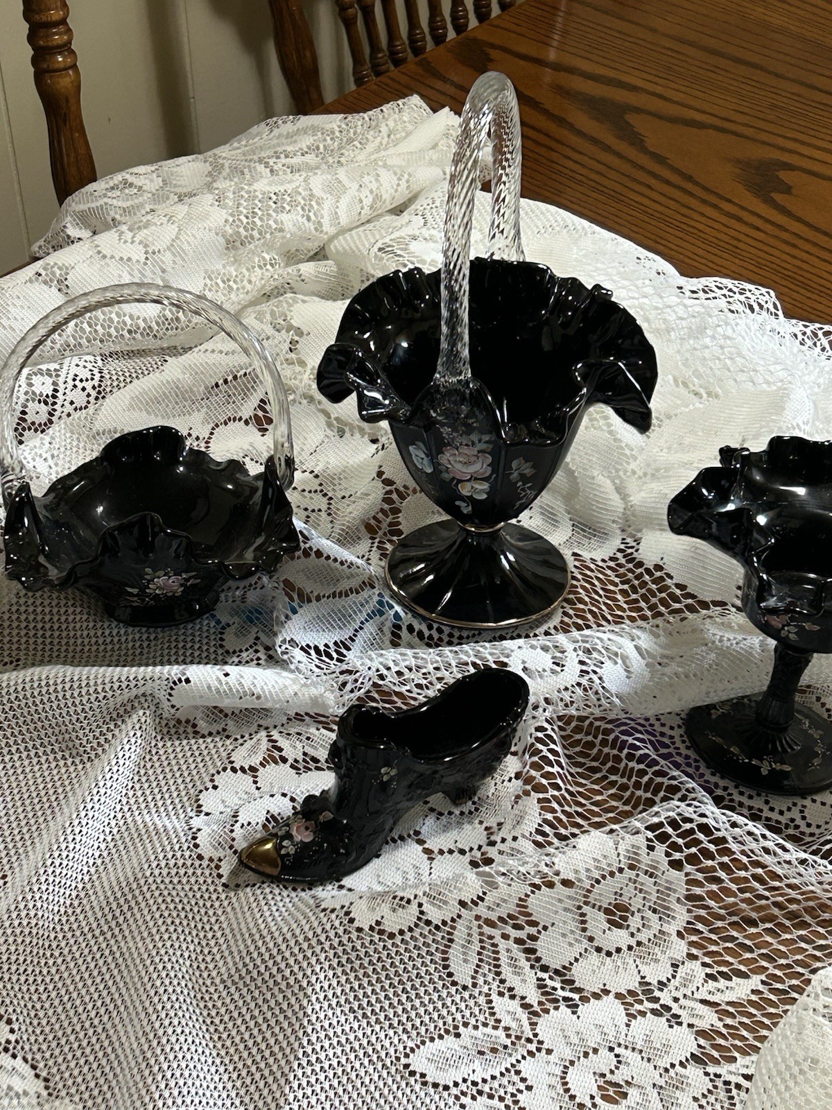 Fenton Rose Design Hand painted With Signatures. Perfect Four Piece Collection Fenton Rose Design Hand painted With Signatures. Perfect Four Piece Collection