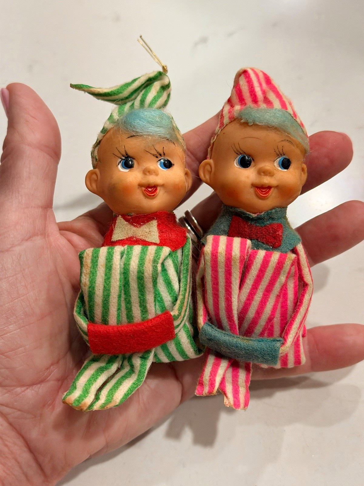 HTF Vintage Christmas Knee Huggers Ornaments Blue Hair Striped Made in Japan HTF Vintage Christmas Knee Huggers Ornaments Blue Hair Striped Made in Japan