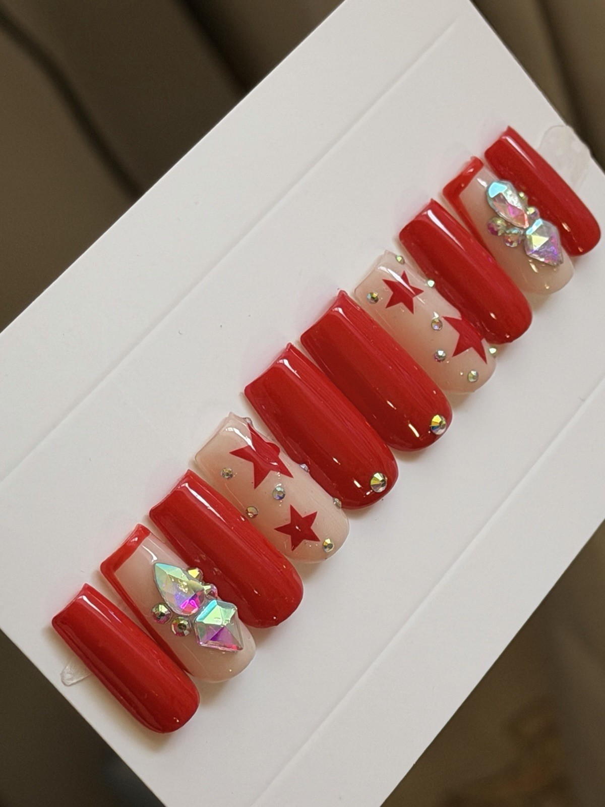 ✨ CUSTOM Press On Nails RED STAR  BLING  10p SET W Kit