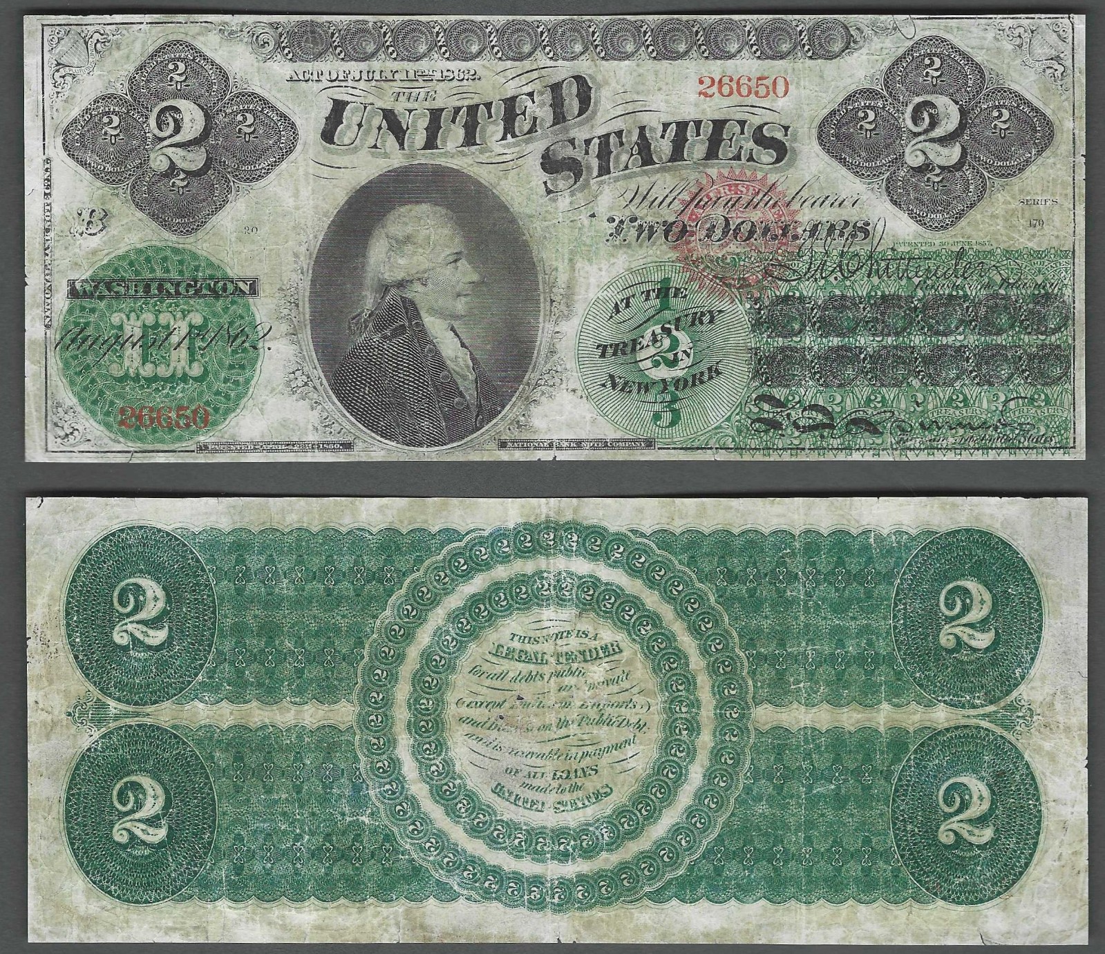 1862 $2 Large Size Legal Tender HISTORIC United States Note
