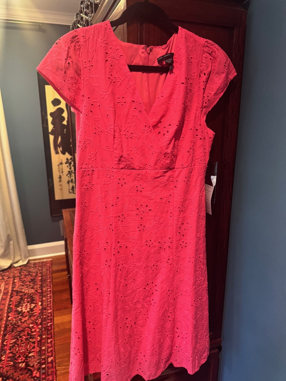 NWT Maggy London Zariah Cotton Eyelet Dress Honeysuckle Pink V Neck Fit Flare 8 NWT Maggy London Zariah Cotton Eyelet Dress Honeysuckle Pink V Neck Fit Flare 8