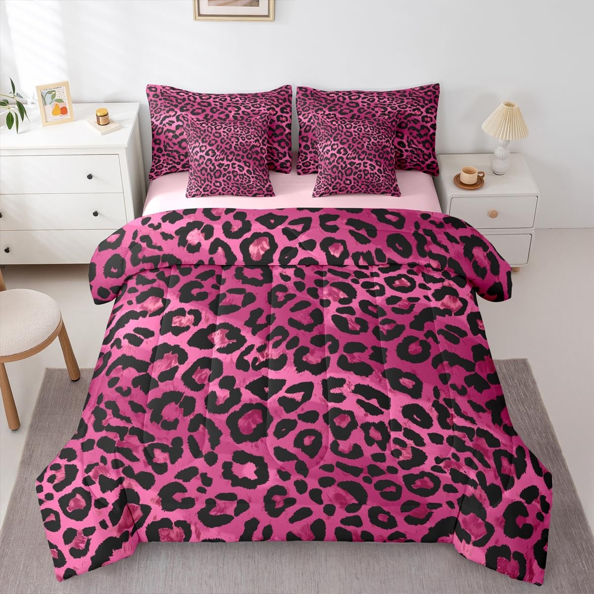 Feelyou 7 Piece Queen Size Leopard Comforter Set Pink Cheetah Safari Pattern Feelyou 7 Piece Queen Size Leopard Comforter Set Pink Cheetah Safari Pattern