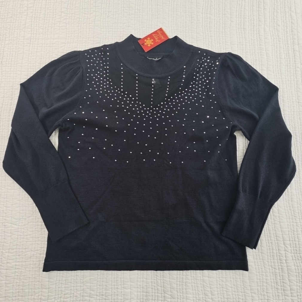 Allison Andrews Women\'s XL Black Sweater NWT Rhinestones Happy Holidays NEW Allison Andrews Women\'s XL Black Sweater NWT Rhinestones Happy Holidays NEW
