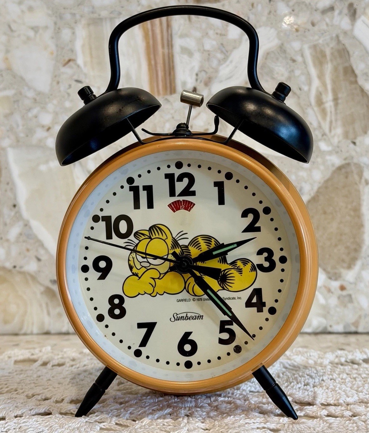 Working✨VTG 1978 GARFIELD Sunbeam Wind-Up Double Bell Alarm Clock Orange MINT