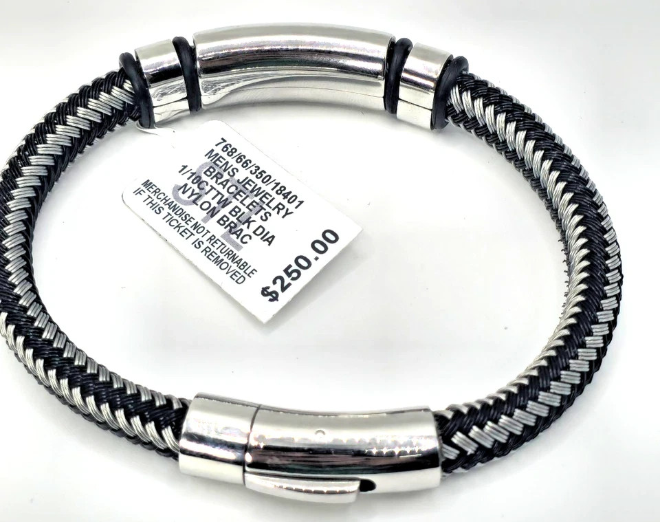 Macy\'s Men\'s Black & Silver Stainless Steel Braided Bracelet with Accent Stones