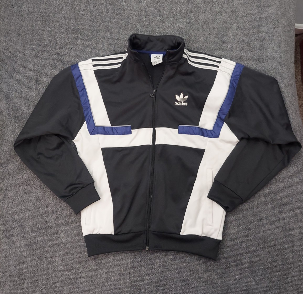 Adidas Jacket Mens Small Black White Color block TREFOIL Full Zip Mock Neck