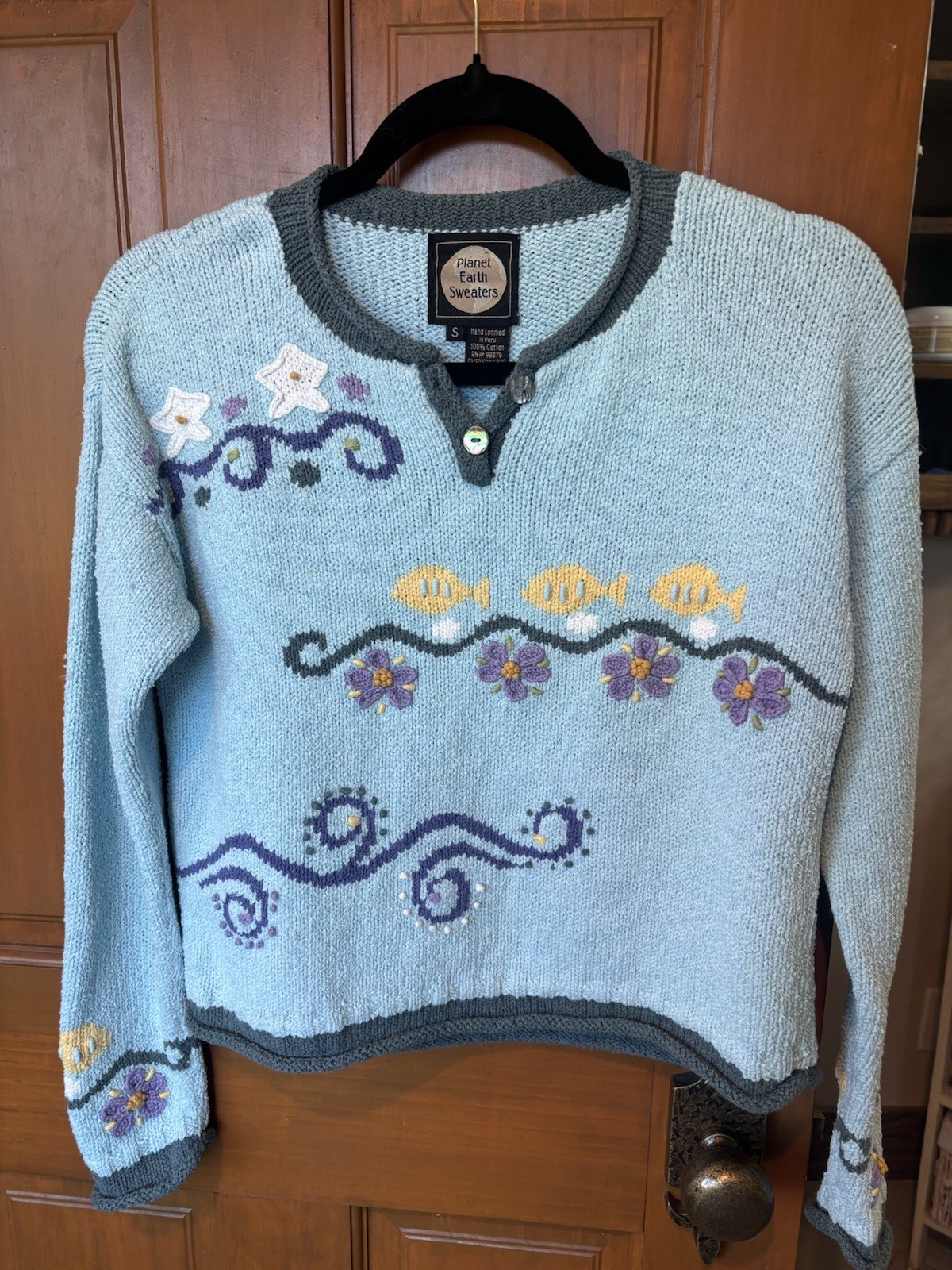 Vintage 90s Planet Earth Sweaters Hand-Loomed Cotton Fish Pullover - Size Small Vintage 90s Planet Earth Sweaters Hand-Loomed Cotton Fish Pullover - Size Small