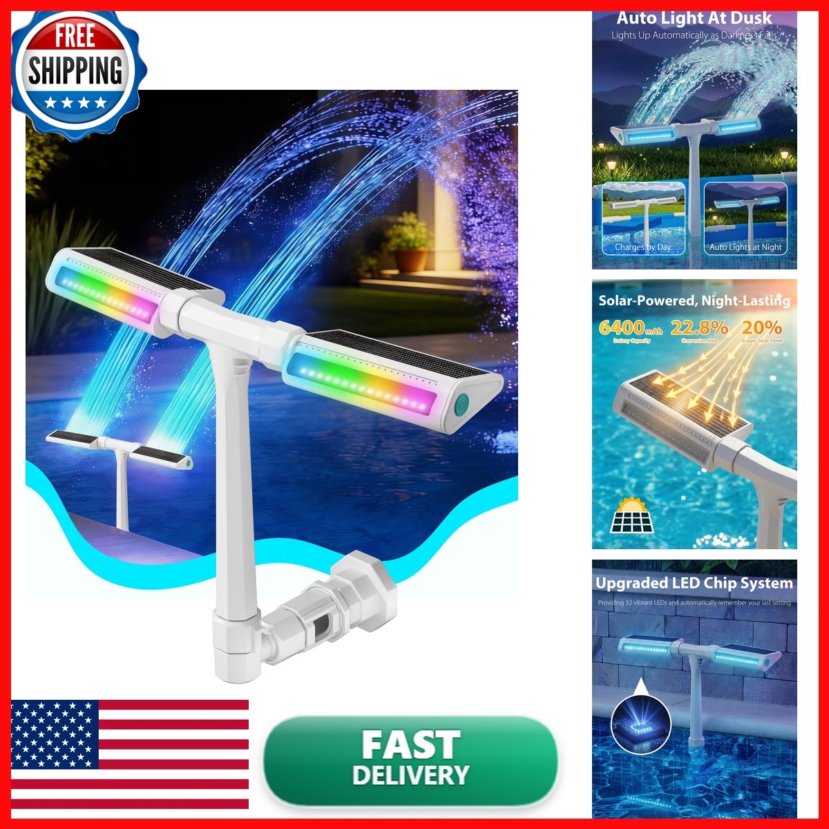 POOLHOUR Solar Pool Fountain with Lights for Above Ground & Inground - White POOLHOUR Solar Pool Fountain with Lights for Above Ground & Inground - White