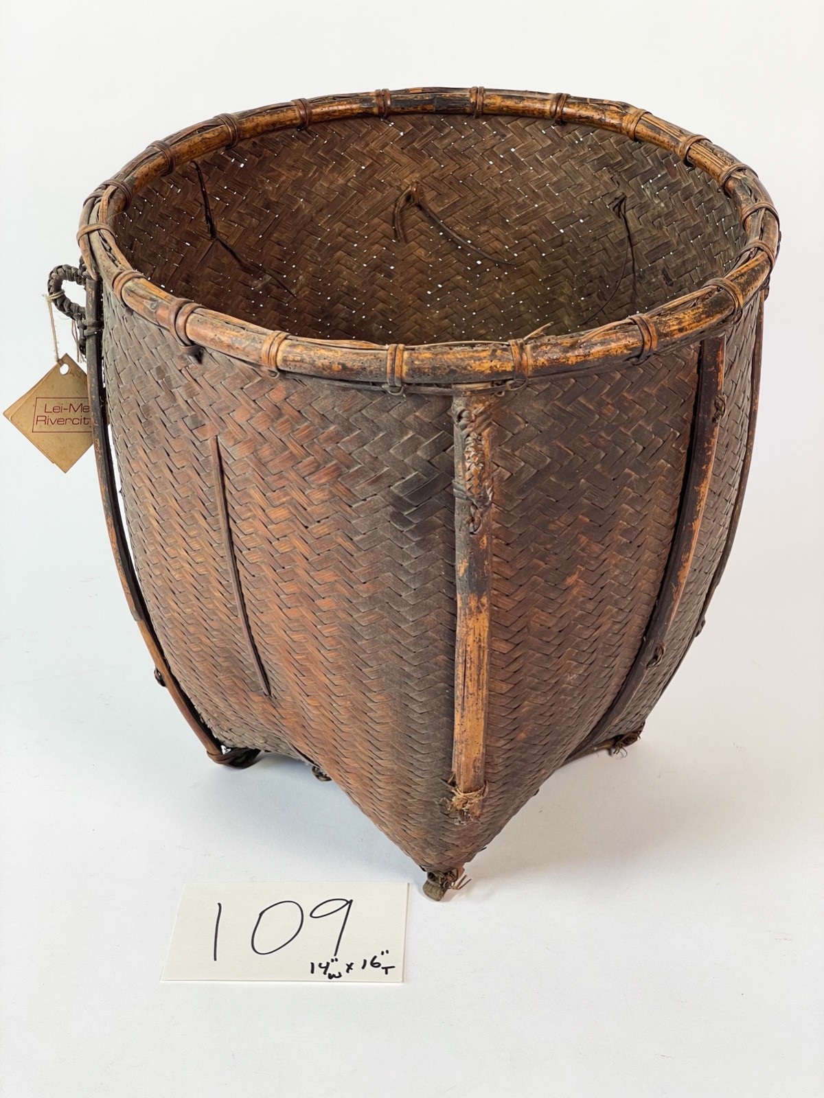 Antique Double Woven Thai Hill Tribe Gathering Basket Rattan Handle Lei Mei