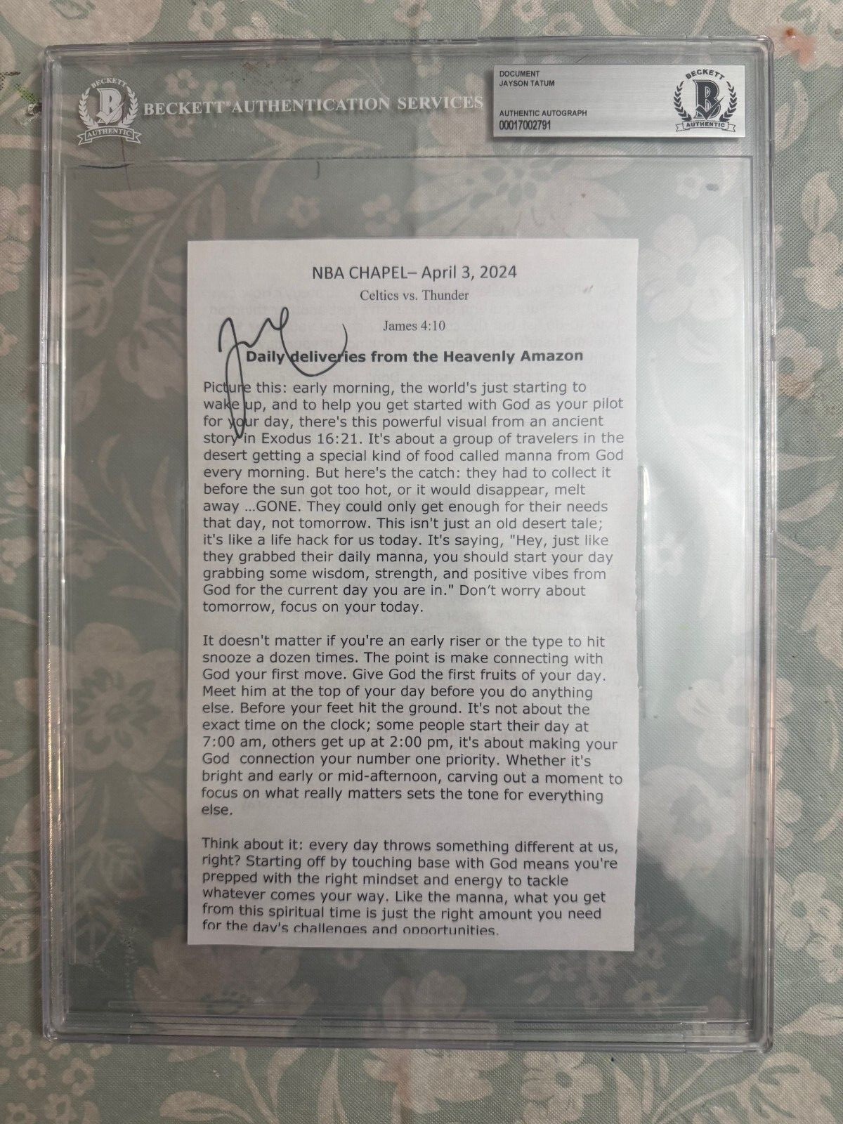 Boston Celtics Jayson Tatum signed ducment Pre Game Chapel Notes BAS slab