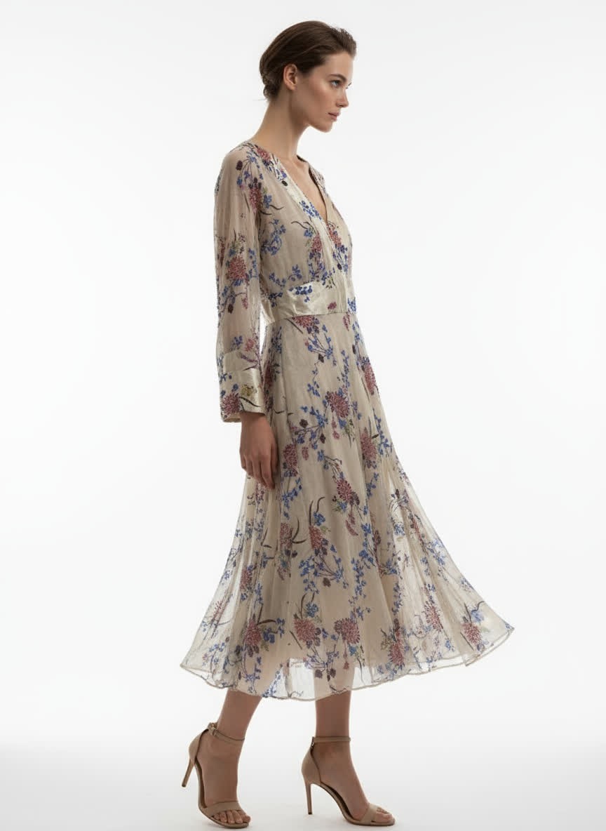 ECI New York Floral Midi Dress Women V-Neck Boho Chiffon Sheer Wide Sleeve New 6 ECI New York Floral Midi Dress Women V-Neck Boho Chiffon Sheer Wide Sleeve New 6