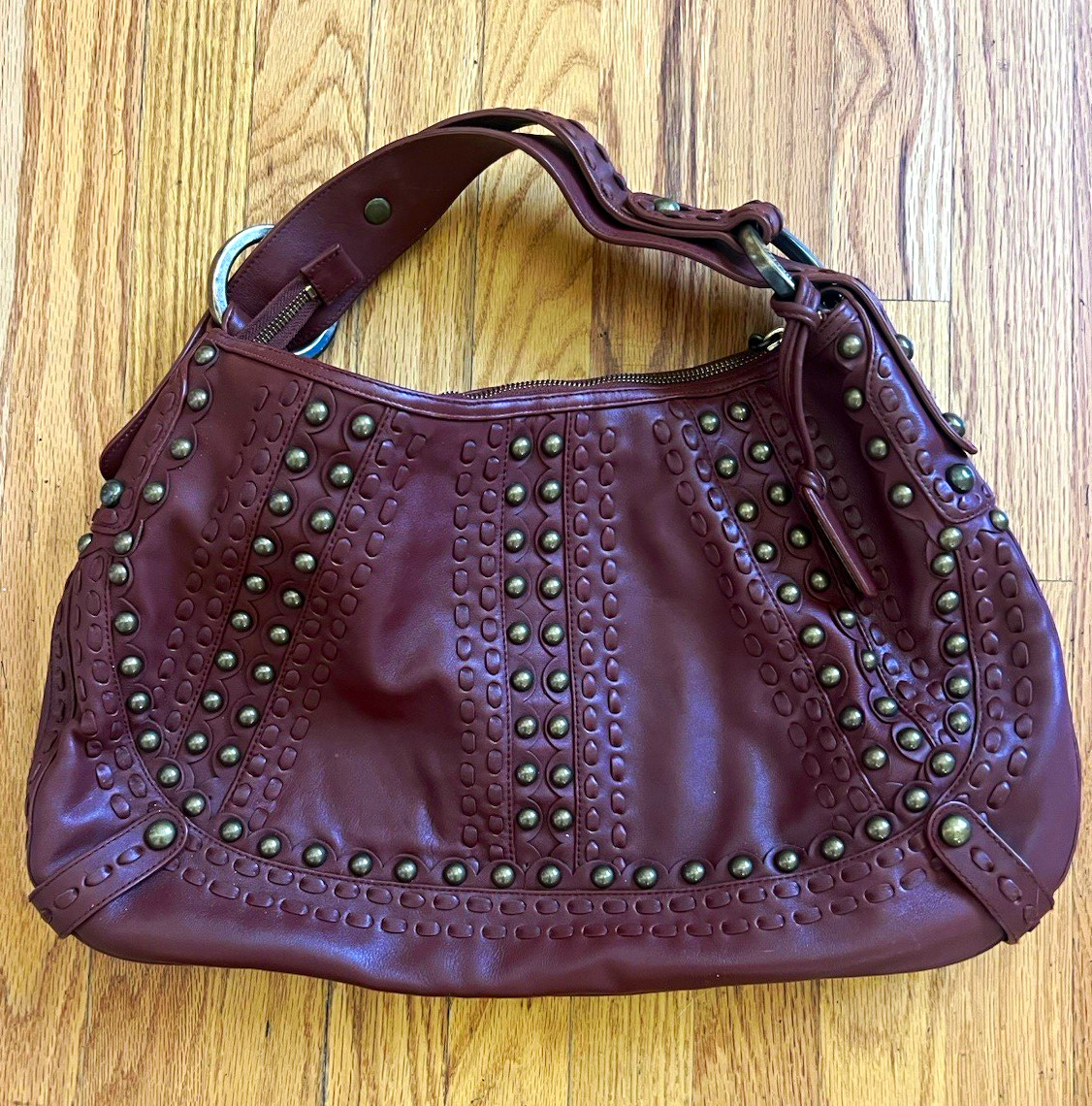 Isabella Fiore Brown Studded Shoulder Bag w/ Charm Zip Closure Lined Pockets