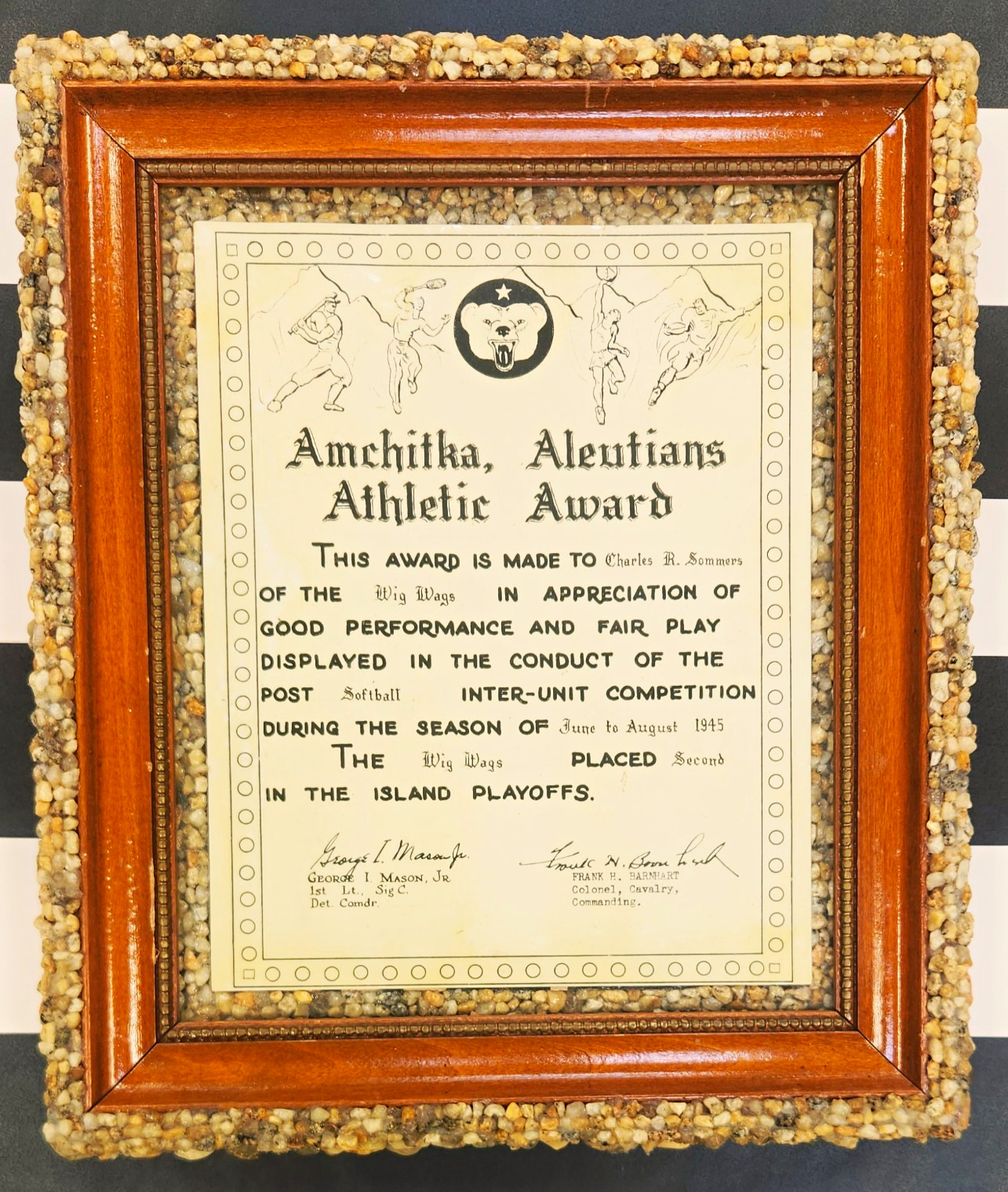 RARE 1945 WWII Amchitka Aleutians Athletic Award Softball Certificate Named