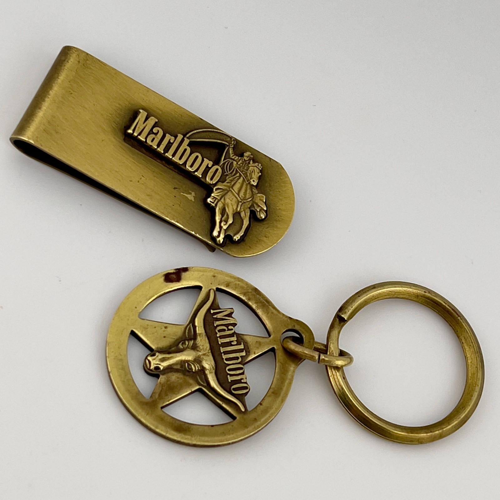 Vintage Marlboro Money Clip Keychain Set Brass Tone Cowboy Longhorn Star Promo Vintage Marlboro Money Clip Keychain Set Brass Tone Cowboy Longhorn Star Promo