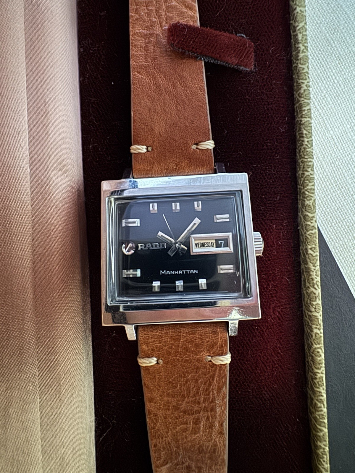 Vintage Rado Manhattan Automatic Day-Date Black Dial Swiss Made 1970s w/ box