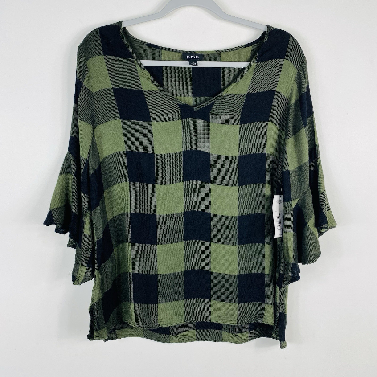 A.N.A A New Approach Top Medium Green Plaid Ruffle Sleeve V-Neck