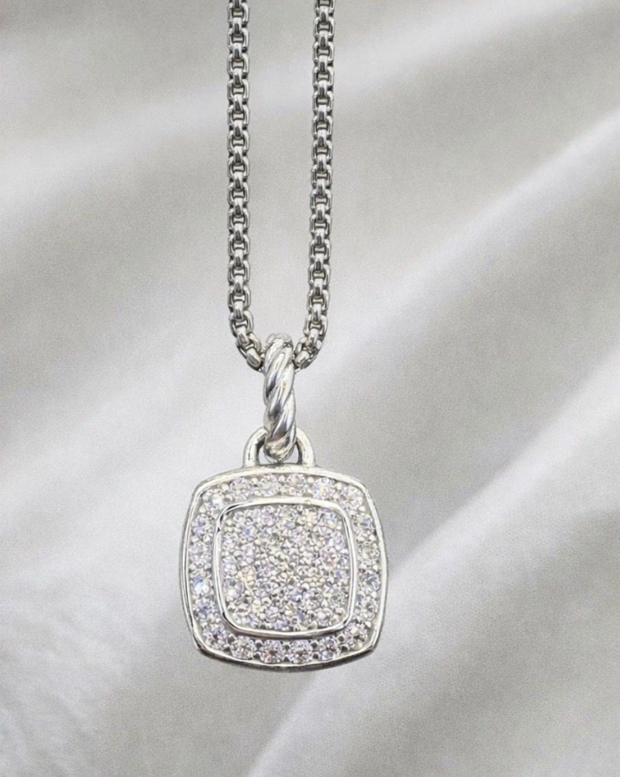 David Yurman Sterling Silver 14mm Pavé Diamond Pendant Necklace 18-20 Adjust David Yurman Sterling Silver 14mm Pavé Diamond Pendant Necklace 18-20 Adjust