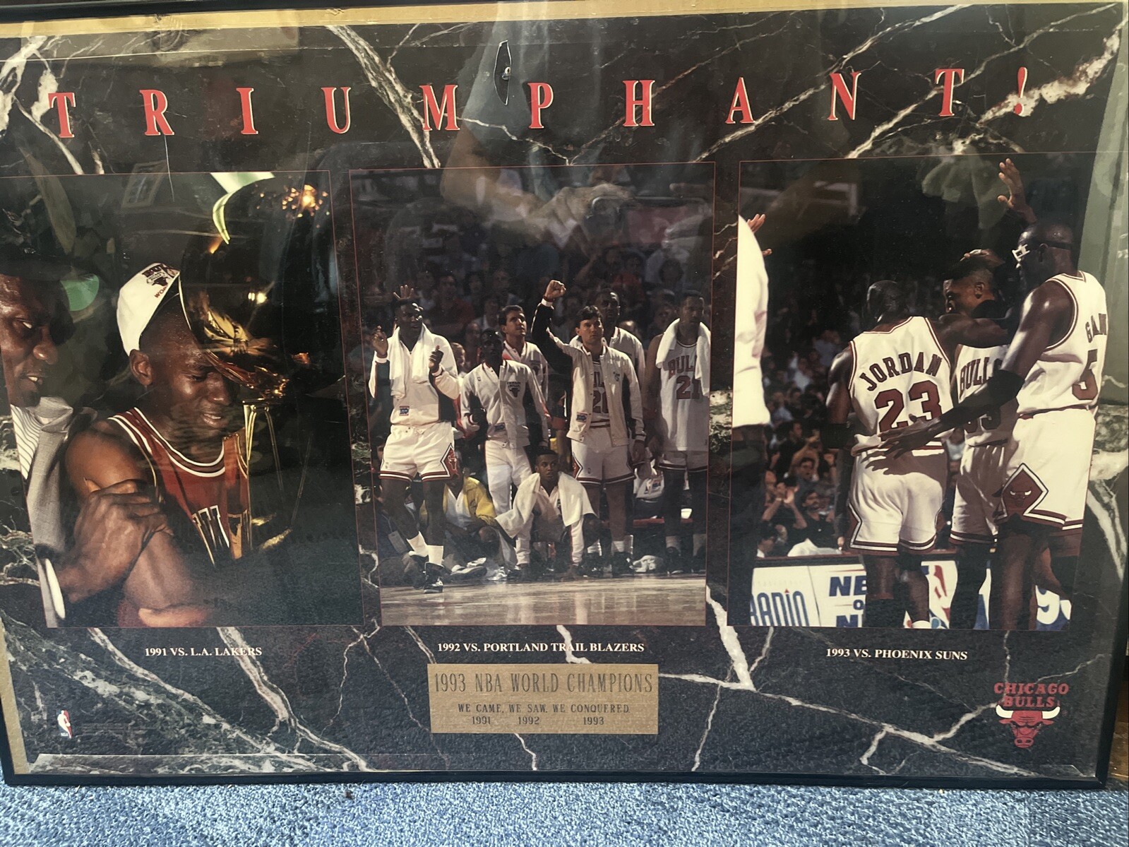Chicago Bulls TRIUMPHANT 1991-92-93 NBA Champions Michael Jordan 23x35 POSTER Chicago Bulls TRIUMPHANT 1991-92-93 NBA Champions Michael Jordan 23x35 POSTER