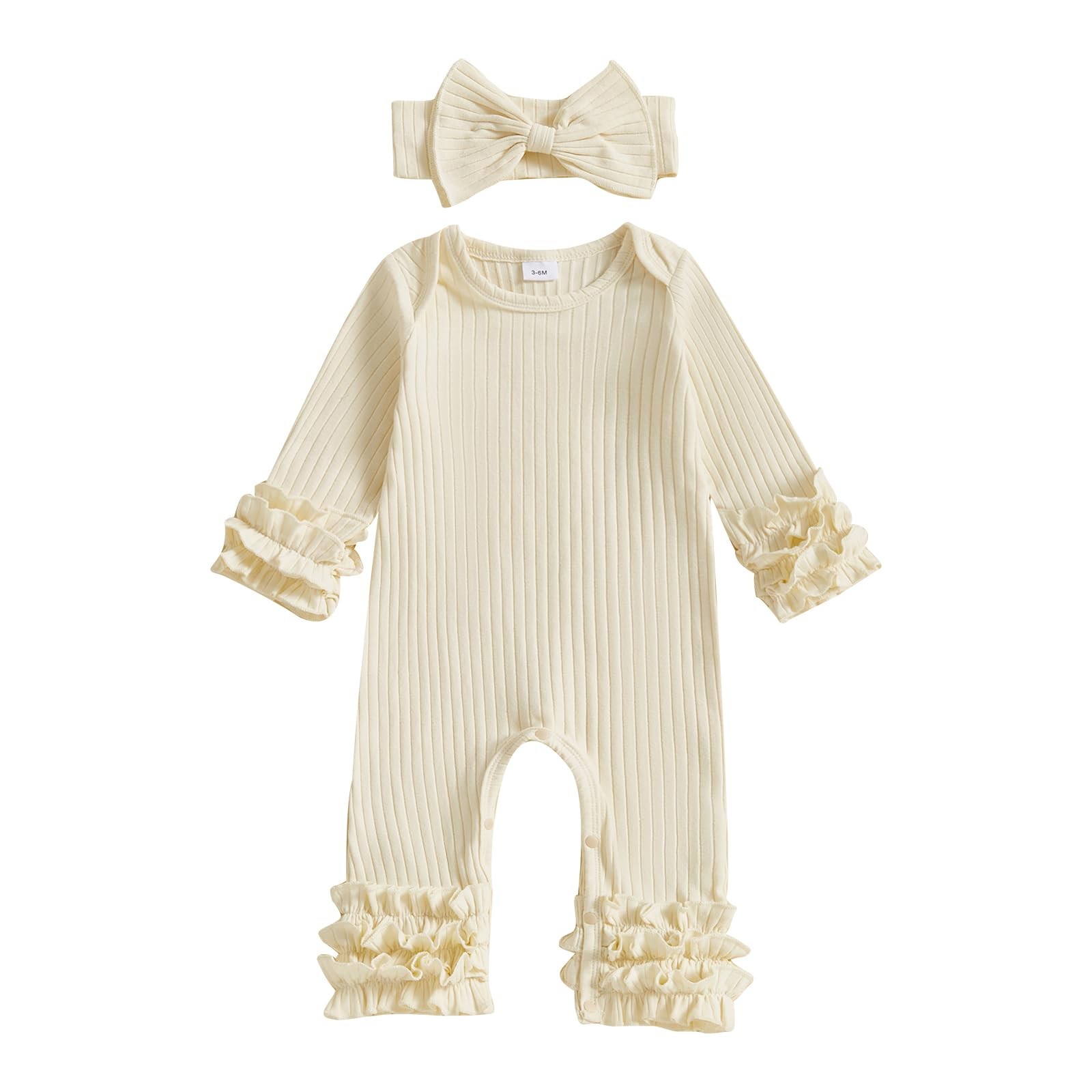 Ursobutegl Newborn Baby Girl Clothes Jumpsuit Ruffle Romper 3-6 Months, Beige 