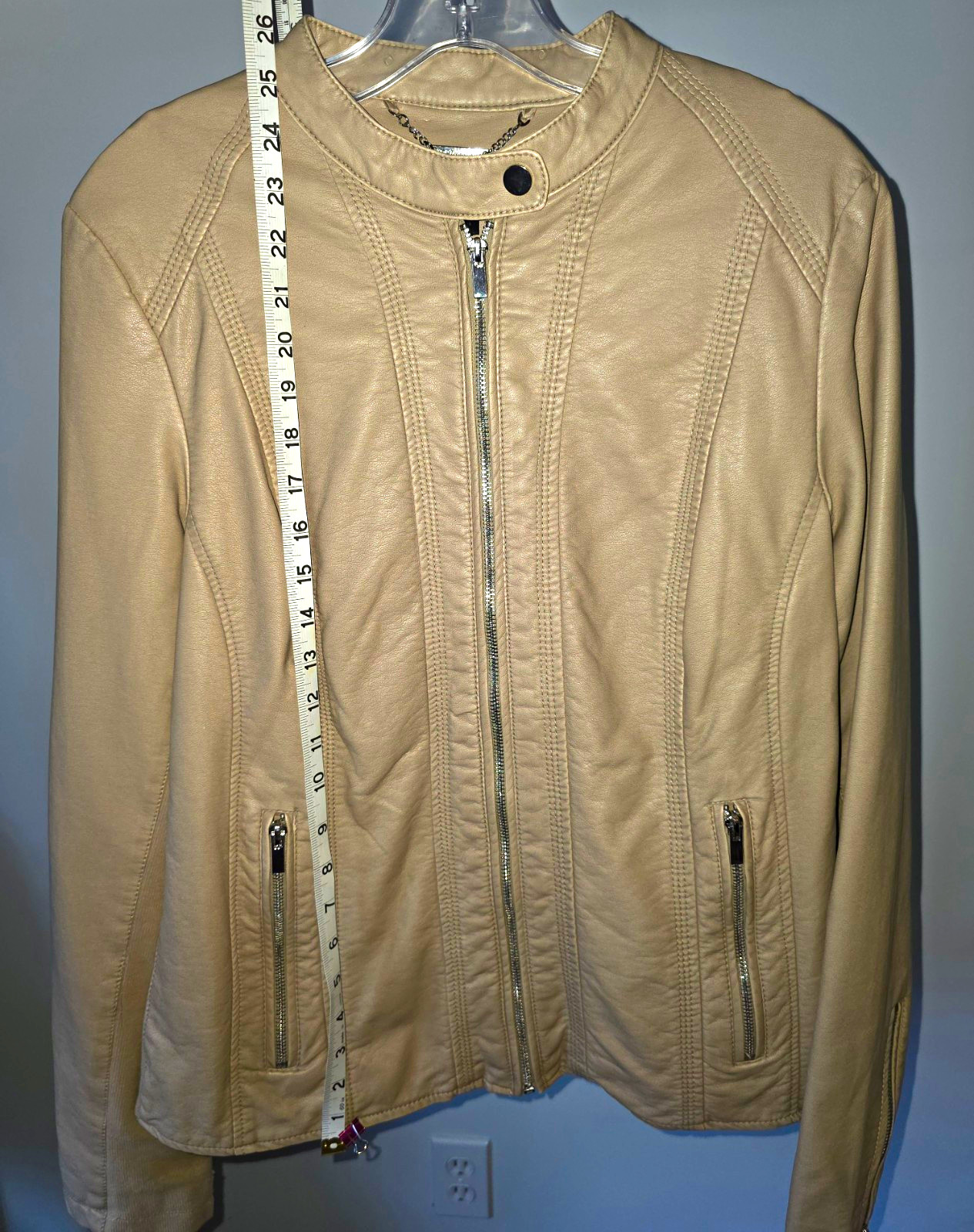 Worthington Women\'s Beige Zip Front Jacket w/ Pockets, Faux  Leather Size L