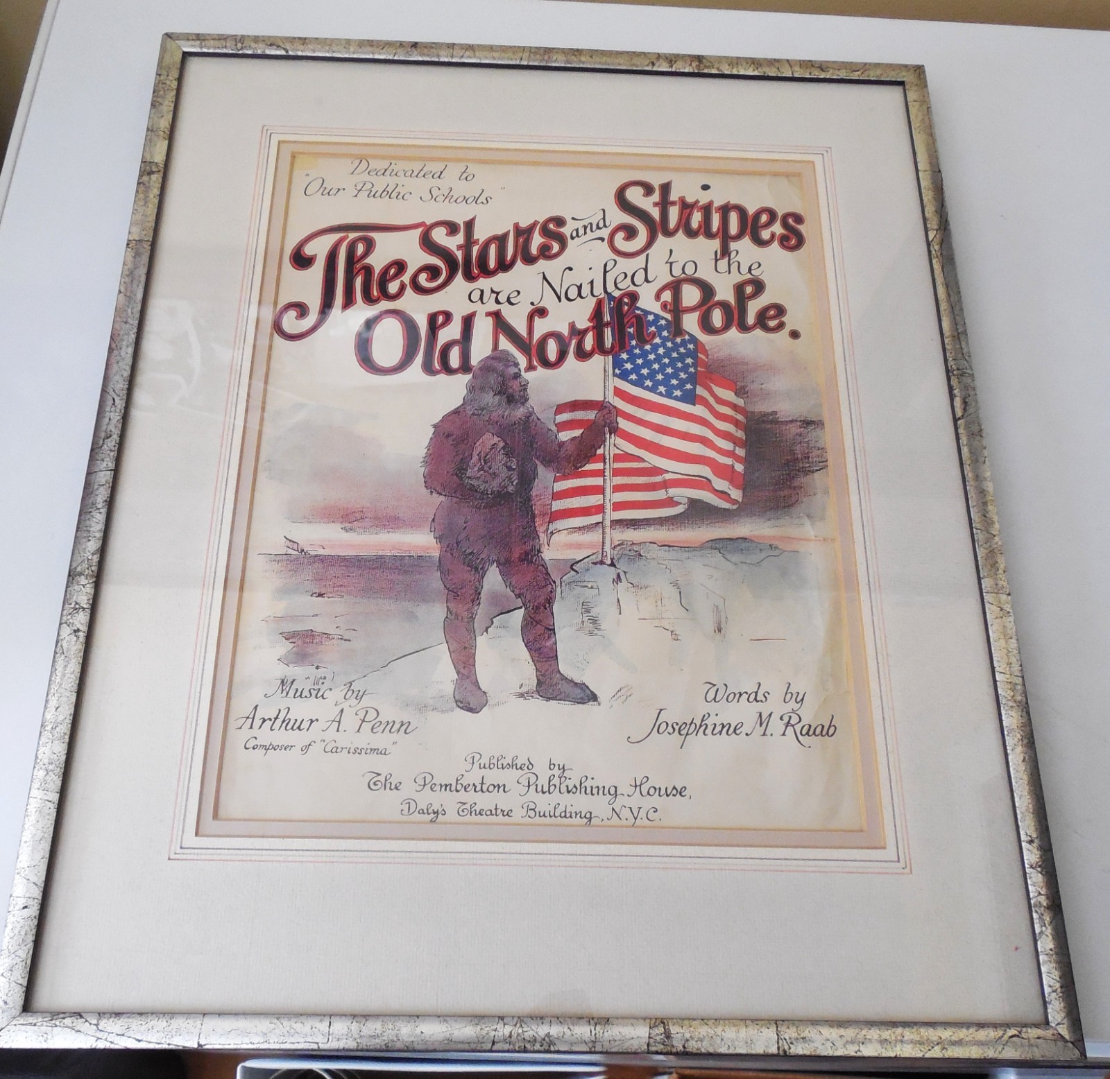 Rare 1909 Sheet Music STARS AND STRIPES ARE NAILED TO THE OLD NORTH POLE framed