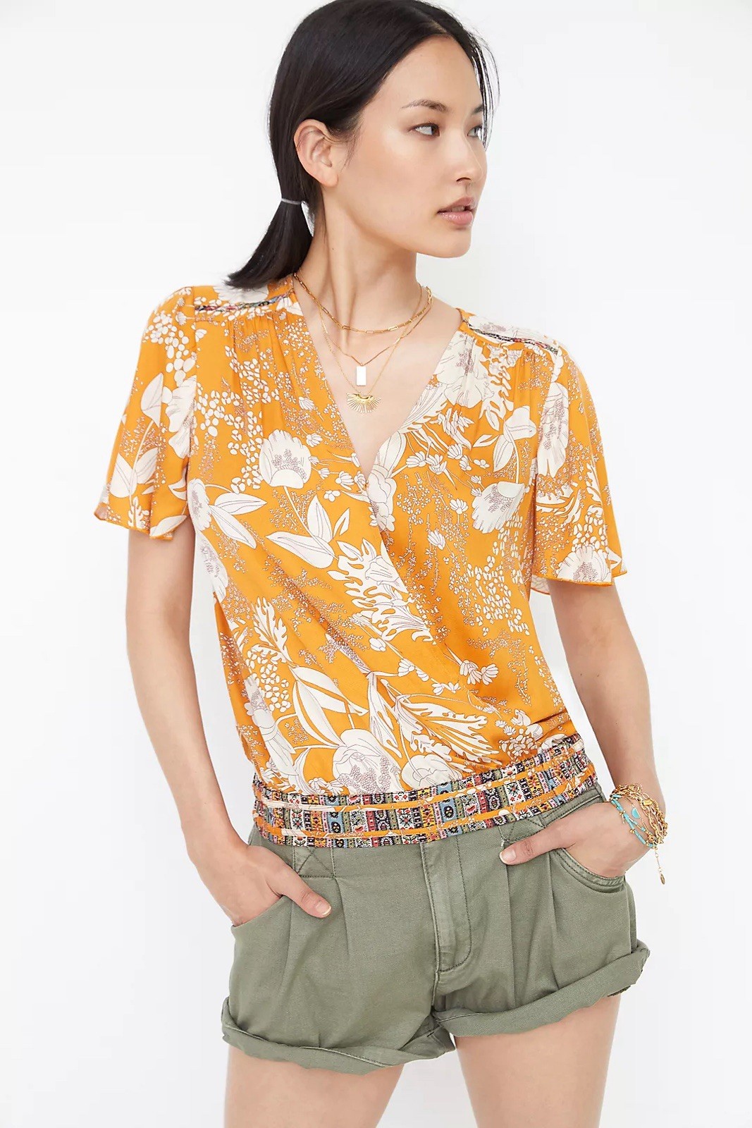Anthropologie TINY Floral Surplice Top XL Orange Kimono Sleeve V Neck 71981T