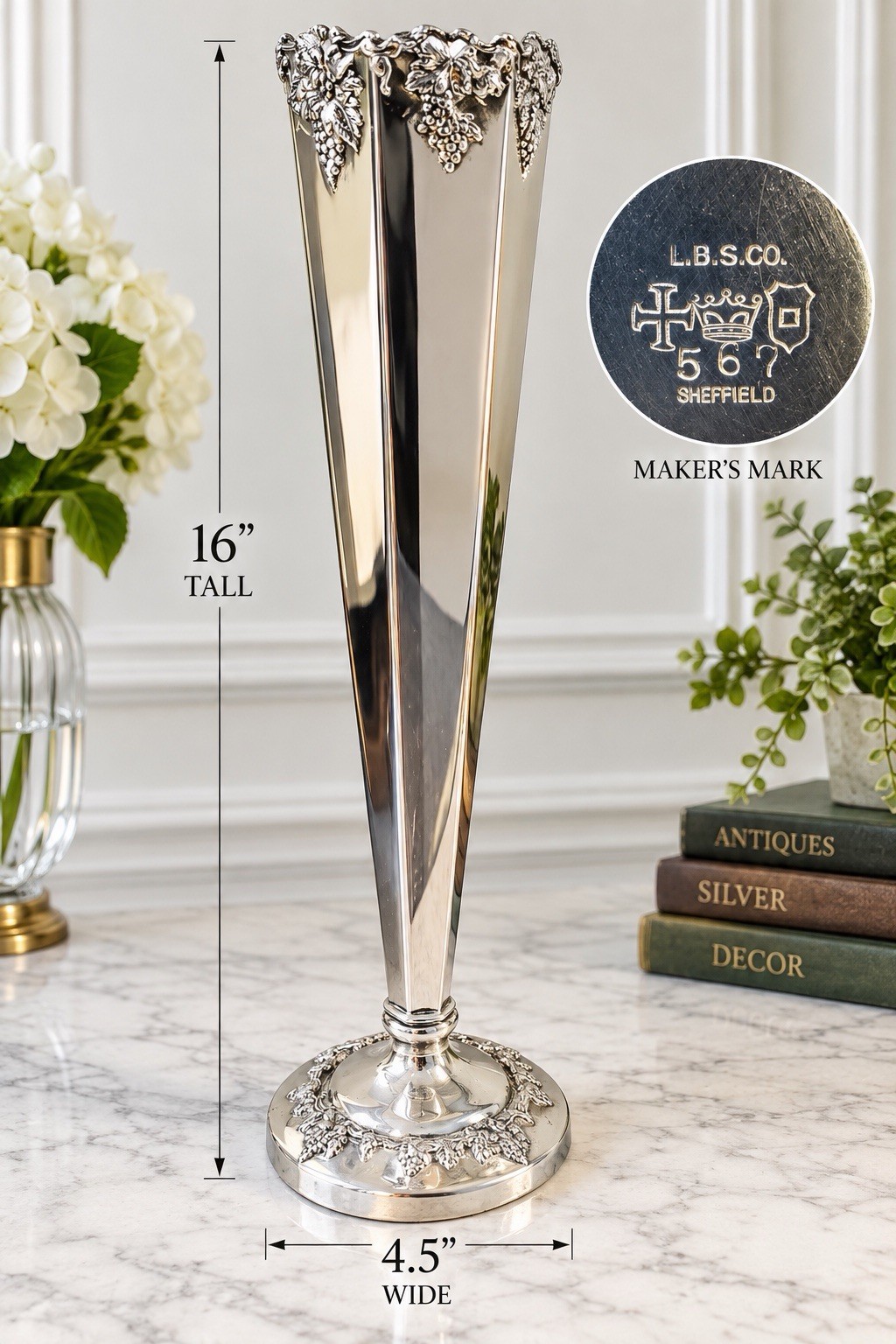 Vintage Lawrence B Smith LBS Co Silverplate 16” Trumpet Vase Grapevine #567
