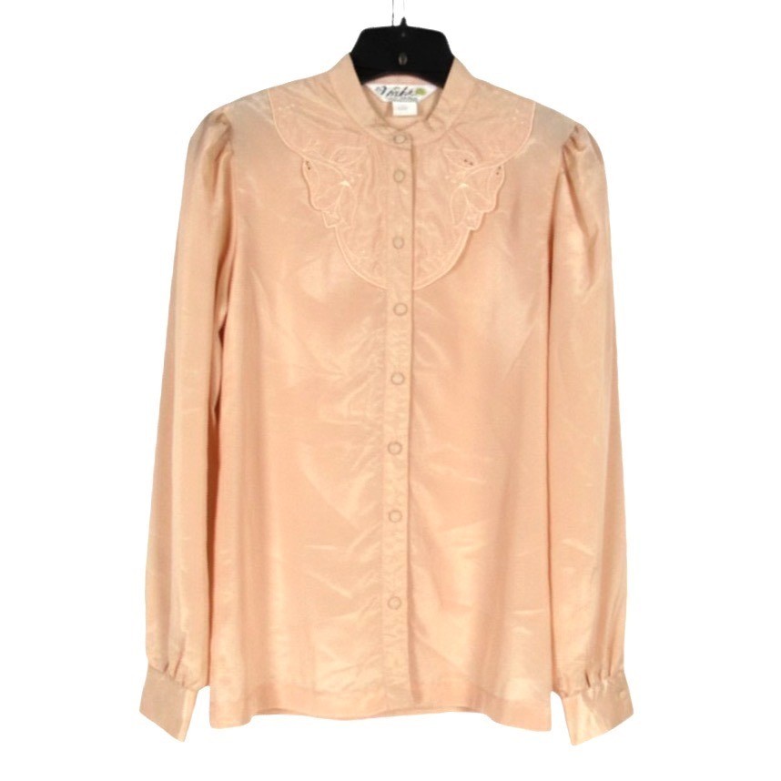 Vtg VICKI Peach Satin EYELET Floral COLLAR Button-Up Secretary Blouse/Top Sz 10 Vtg VICKI Peach Satin EYELET Floral COLLAR Button-Up Secretary Blouse/Top Sz 10