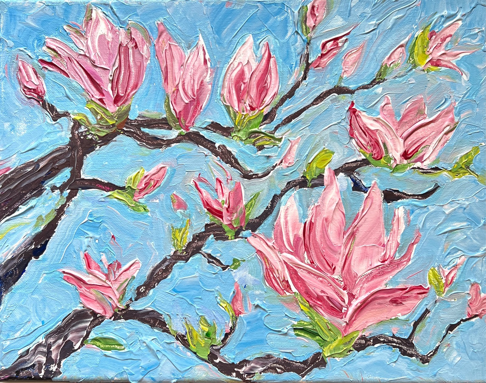Sophie Dare, Original Art, 11X14 Acrylic Textured Canvas of Pink magnolias 1
