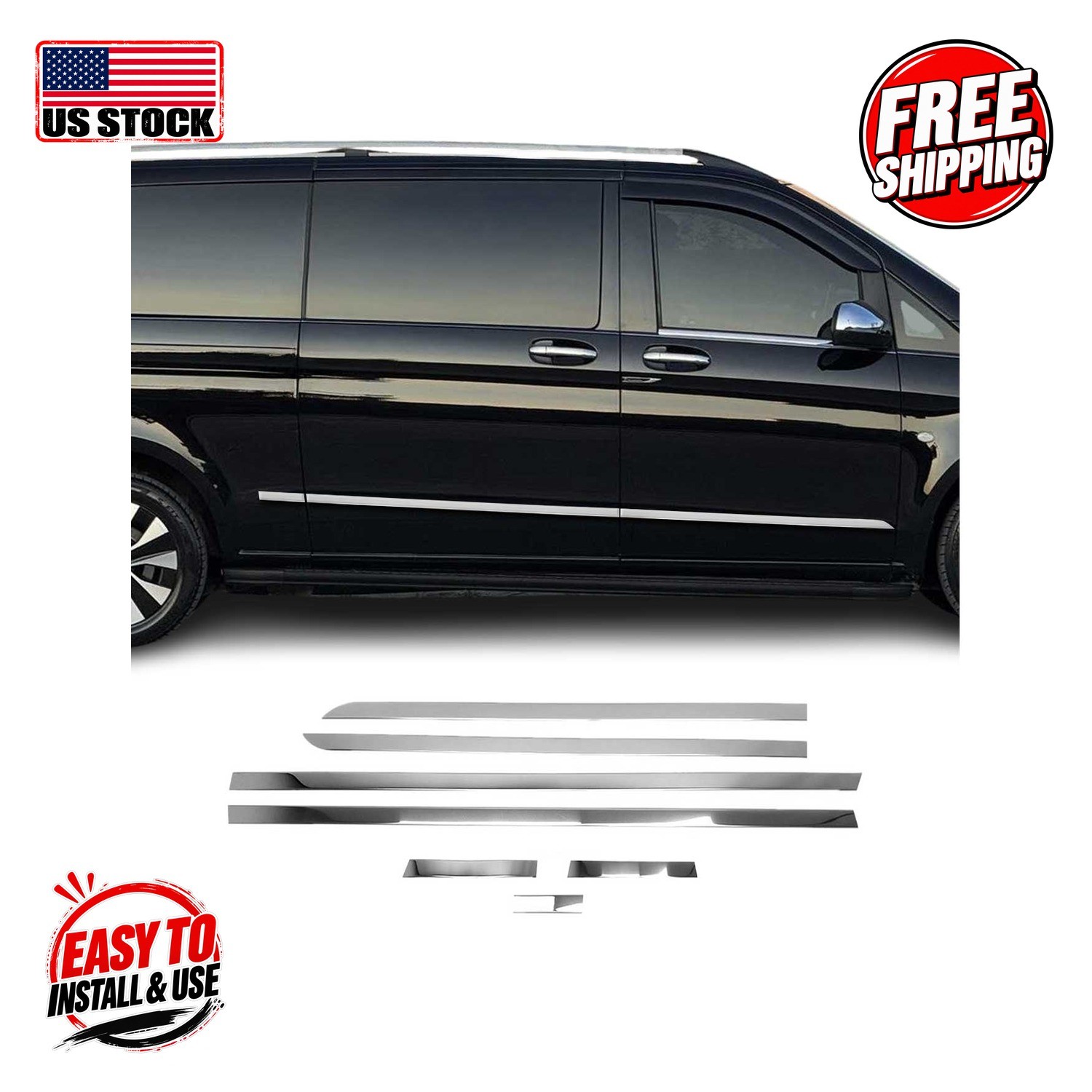 MERCEDES VITO W447 2014+ L3 Double S.Side Door Streamer SS Gloss Silver 7 Pcs