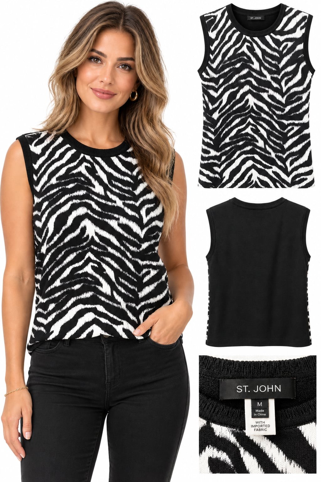 ST. JOHN Zebra Print Knit Tank Top Size M Black White Sleeveless