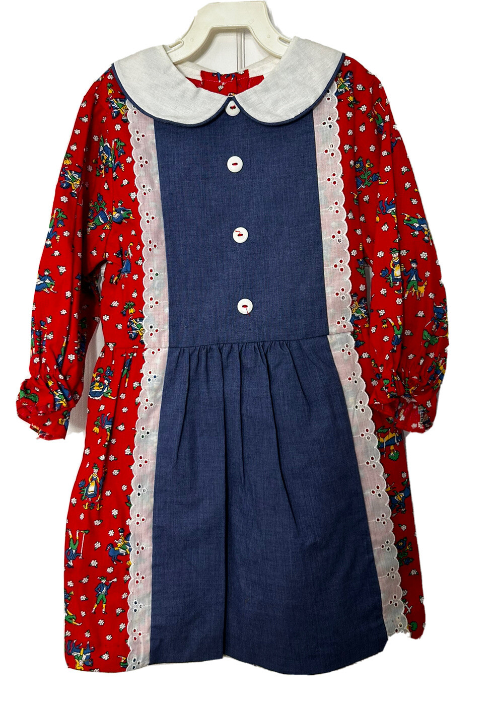 Vtg 70’s Sears Dress Sz 6 Patriotic Red White Blue Perma Prest Eyelet Lace