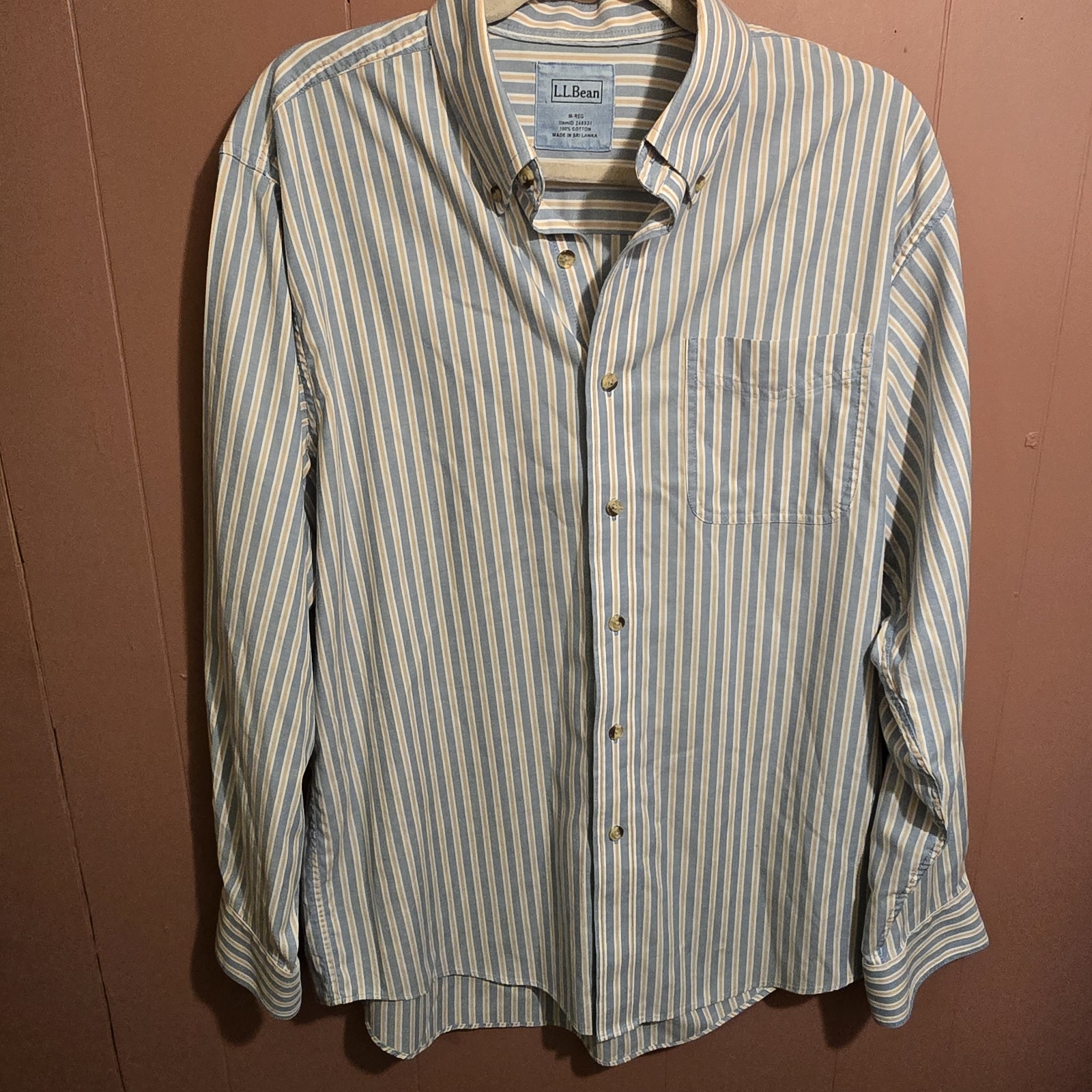 L.L.Bean Men’s Medium Regular Button Down Shirt Blue Tan Stripe 100% Cotton